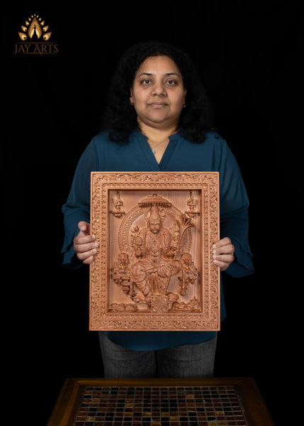 16" Lalita Devi Wood Carving Wall Panel with Sri Chakra & Lion Armrests