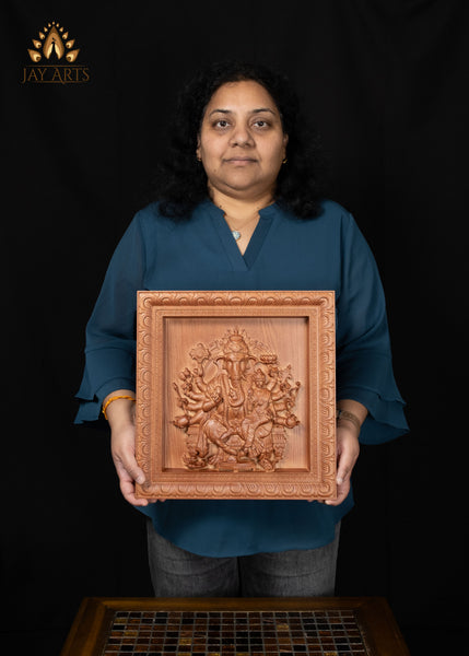 13" Vallabha Ganapati Wood Carving with 10 Arms and Expressive Face | Ganapati & Shakti Wall Panel