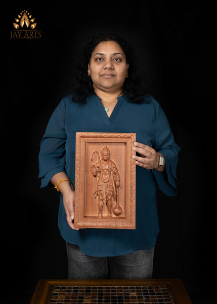 13" Hanuman Wood Carving Wall Panel with Mace & Abhaya Mudra
