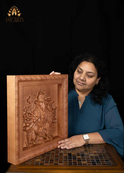 16" Vallabha Ganapati with Devi Wood Carving | Ganesha Wall Panel