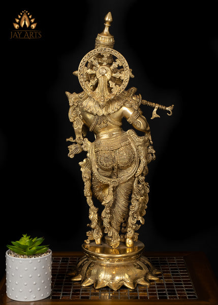 25" Highly Ornamented Ananta Krishna Standing on a Lotus Pedestal - Brass Krishna Statue