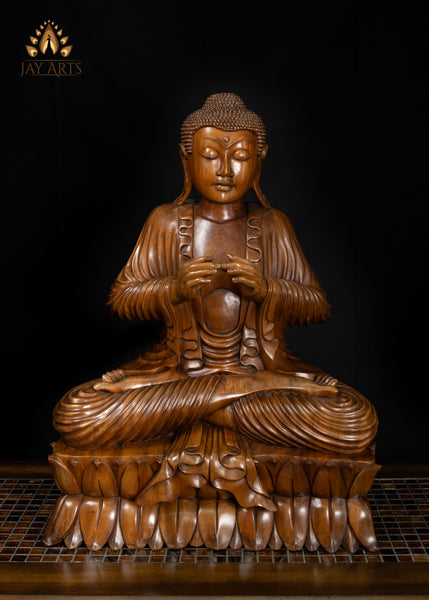 Hand-Carved Balinese Wood Buddha with Flowing Robes on Double Lotus Base 26"
