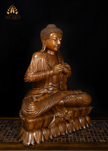Hand-Carved Balinese Wood Buddha with Flowing Robes on Double Lotus Base 26"