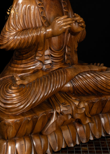 Hand-Carved Balinese Wood Buddha with Flowing Robes on Double Lotus Base 26"