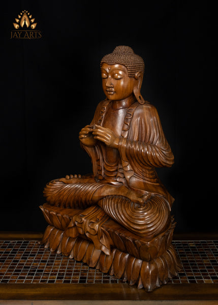 Hand-Carved Balinese Wood Buddha with Flowing Robes on Double Lotus Base 26"