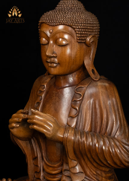 Hand-Carved Balinese Wood Buddha with Flowing Robes on Double Lotus Base 26"