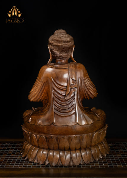 Hand-Carved Balinese Wood Buddha with Flowing Robes on Double Lotus Base 26"