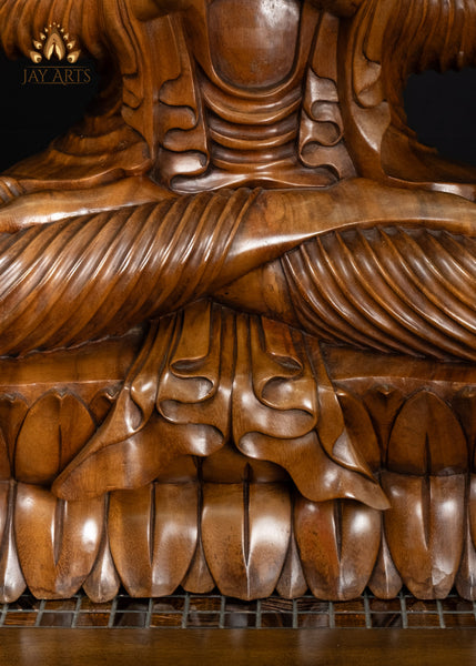 Hand-Carved Balinese Wood Buddha with Flowing Robes on Double Lotus Base 26"