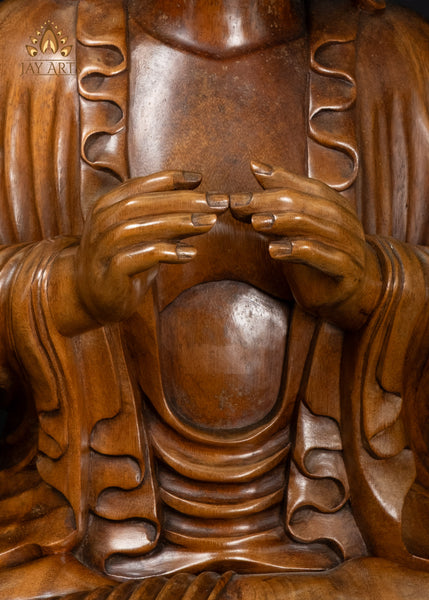 Hand-Carved Balinese Wood Buddha with Flowing Robes on Double Lotus Base 26"
