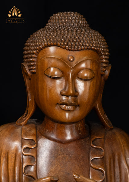 Hand-Carved Balinese Wood Buddha with Flowing Robes on Double Lotus Base 26"