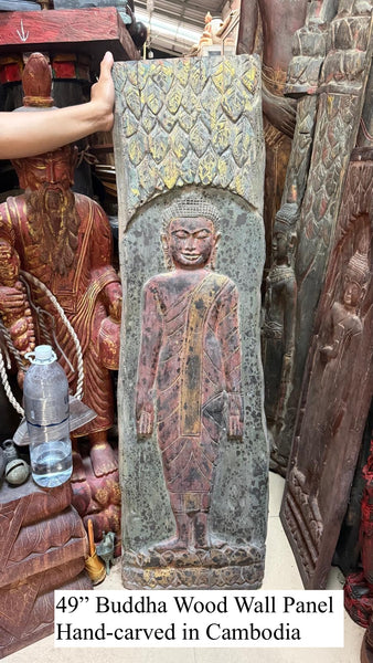 49" Buddha in Varada Mudra Wall Panel Hand-Carved Cambodian Wood with Rustic Finish