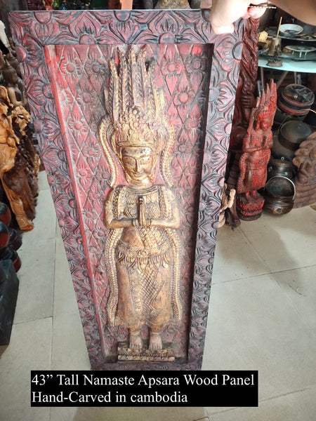 43" Tall Namaste Apsara Wood Panel from Cambodia - A Statement Piece of Serenity and Style