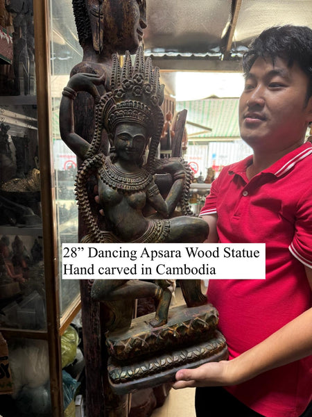 28" Dancing Apsara Wood Statue Cambodian Ethereal Beauty
