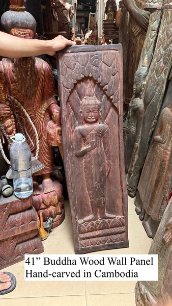 41" Buddha in Abhaya Mudra Wood Wall Panel Hand-Carved in Cambodia
