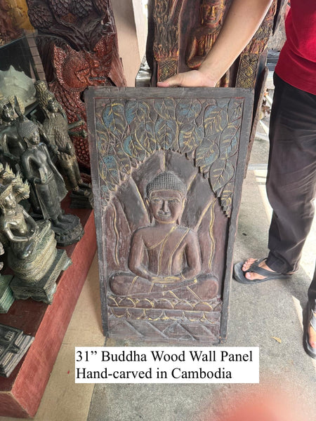 31" Meditating Buddha Hand-Carved Wall Panel from Reclaimed Cambodian wood