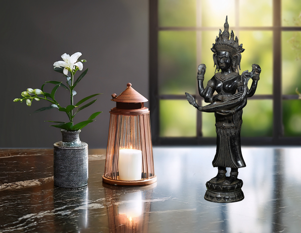 21" Cambodian Bronze Lakshmi with Indian Harp & Divine Vishnu Symbols