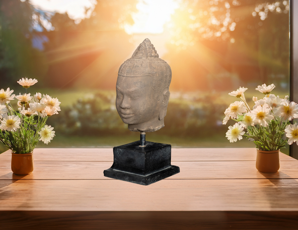 16" Timeless Sandstone Buddha Head Sculpture on Wooden Base from Cambodia