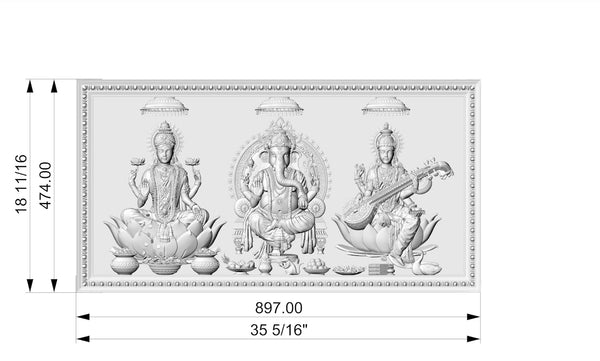 Custom Order - The Divine Trinities - Ganesh, Lakshmi and Saraswati Wood Carving 18-11/16” Height x 35-5/16” Wide