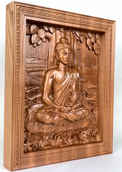 Buddha under Bodhi tree - Ash wood wall panel of the Buddha