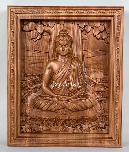 Buddha under Bodhi tree - Ash wood wall panel of the Buddha