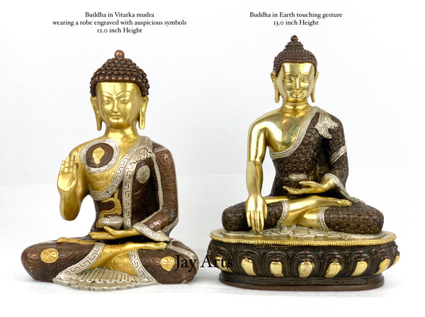 Buddha wearing a robe engraved with auspicious symbols 12" Brass Statue