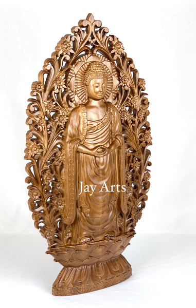 Standing Buddha in a floral frame - Ash wood panel