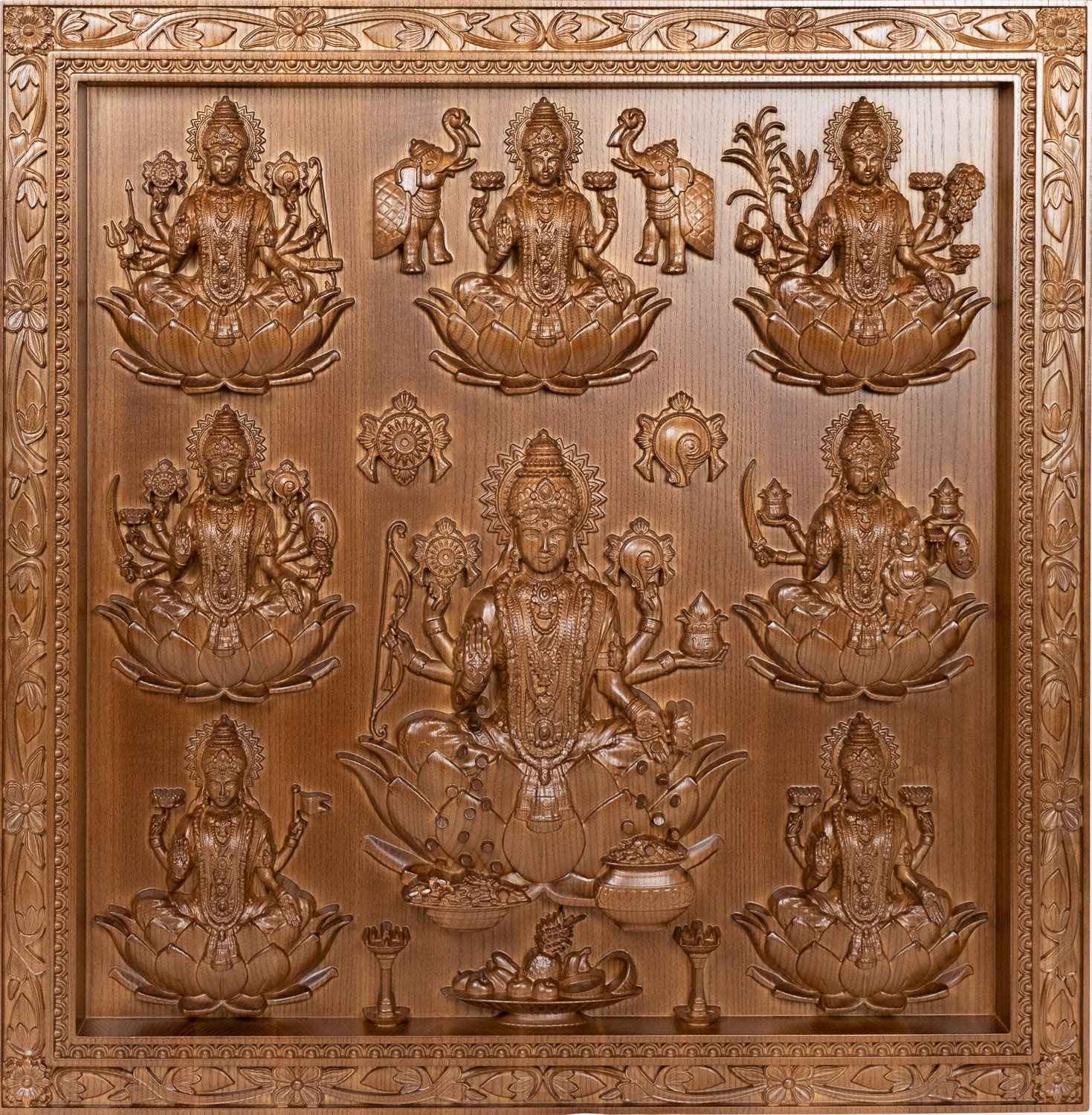 Ashta Lakshmi Ash Wood Panel - The eight manifestations of Goddess Lakshmi Devi 25" x 24"