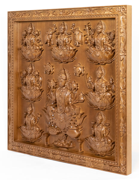 Ashta Lakshmi Ash Wood Panel - The eight manifestations of Goddess Lakshmi Devi 25" x 24"