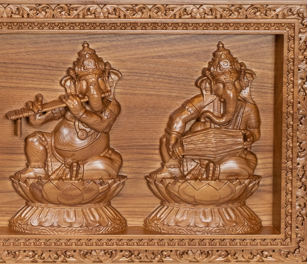 Lord Ganesha playing Musical Instruments - A wood panel of the Musical Ganeshas in Ash wood
