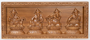 Lord Ganesha playing Musical Instruments 10" x 23" - A wood panel of the Musical Ganeshas in Ash wood