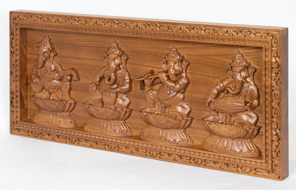 Lord Ganesha playing Musical Instruments - A wood panel of the Musical Ganeshas in Ash wood