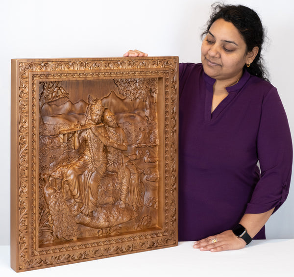 Lord Krishna and Radha - The Mesmerizing Flutist with his beloved Radha - Ashwood Panel 24" x 22"