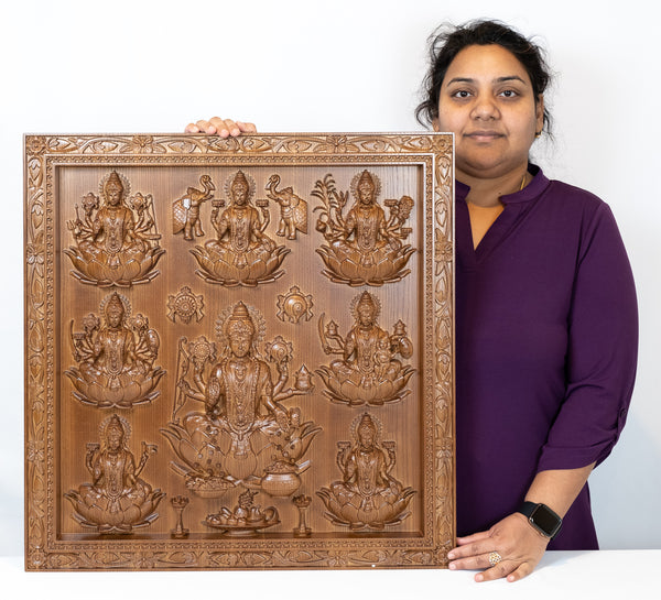 Ashta Lakshmi Ash Wood Panel - The eight manifestations of Goddess Lakshmi Devi 25" x 24"