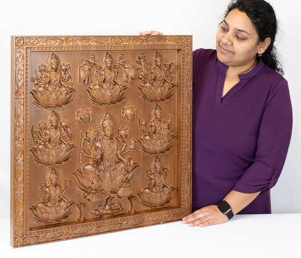 Ashta Lakshmi Ash Wood Panel - The eight manifestations of Goddess Lakshmi Devi 25" x 24"