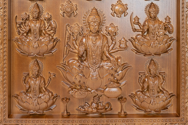 Ashta Lakshmi Ash Wood Panel - The eight manifestations of Goddess Lakshmi Devi 25" x 24"