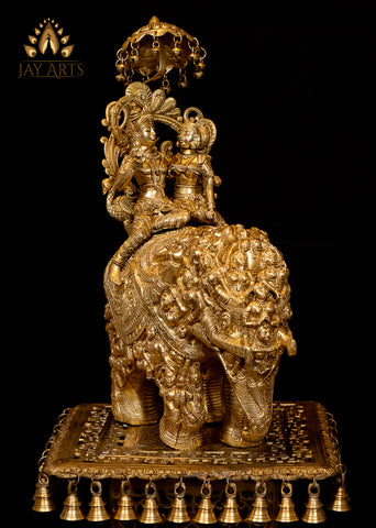 Radha Krishna riding on an Elephant of Gopis (Nari Kunjar) 22" Brass Statue