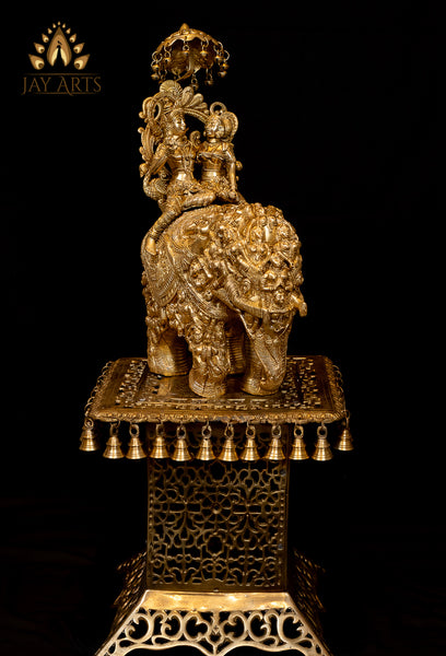 Radha Krishna riding on an Elephant of Gopis (Nari Kunjar) 22" Brass Statue