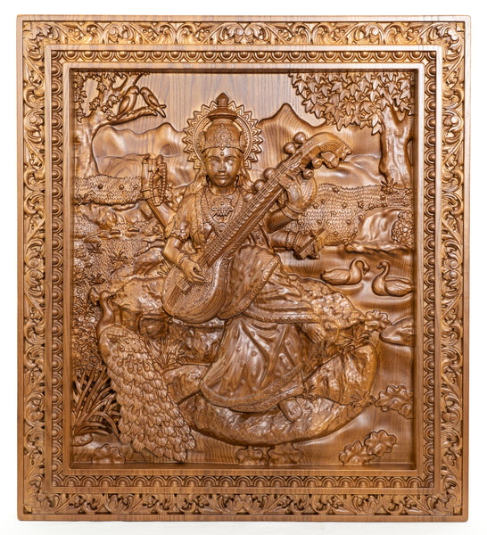 Goddess Saraswathi (Veena Vani) - Ashwood Panel 24" x 22"