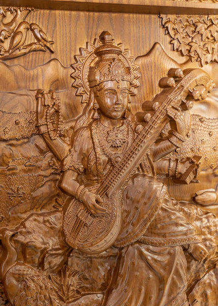 Goddess Saraswathi (Veena Vani) - Ashwood Panel 24" x 22"