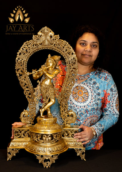 Bala Krishna Standing on a Lotus Pedestal with a Peacock Arch 30" - Brass Statue