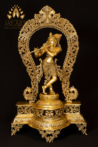 Bala Krishna Standing on a Lotus Pedestal with a Peacock Arch 30" - Brass Statue