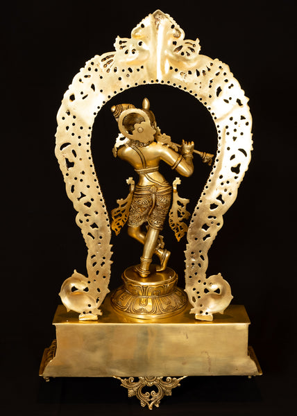Bala Krishna Standing on a Lotus Pedestal with a Peacock Arch 30" - Brass Statue