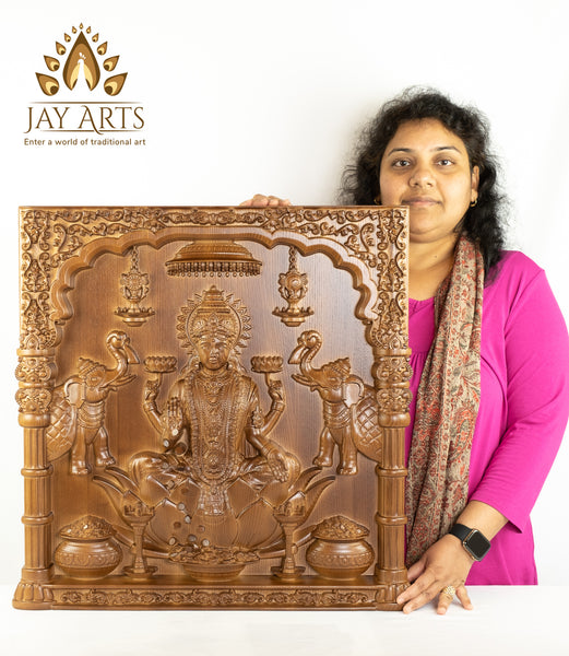 Goddess Lakshmi Wood Carving in a Pillar Frame - Ashwood Panel 24" x 23"