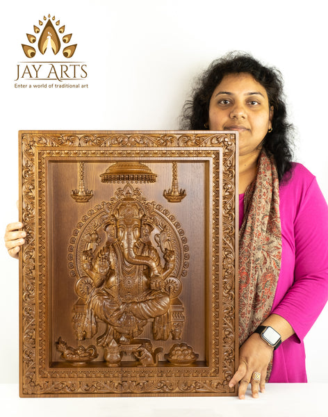 Lord Ganesha Wood Carving Ashwood Wall Panel 24" x 20"