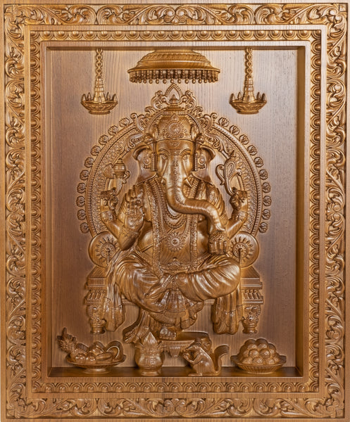 Lord Ganesha Wood Carving Ashwood Wall Panel 24" x 20"