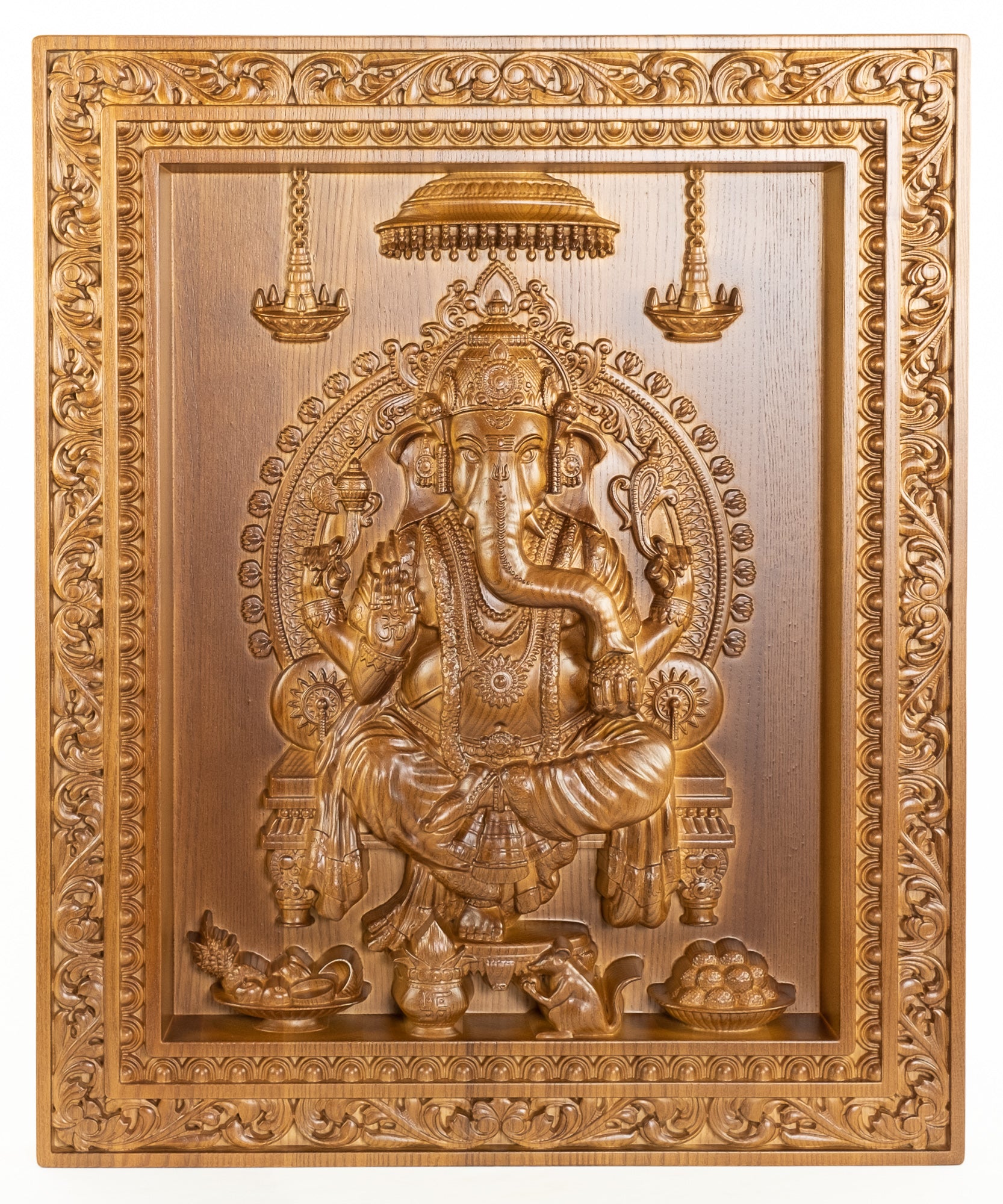 Lord Ganesha Wood Carving Ashwood Wall Panel 24" x 20"