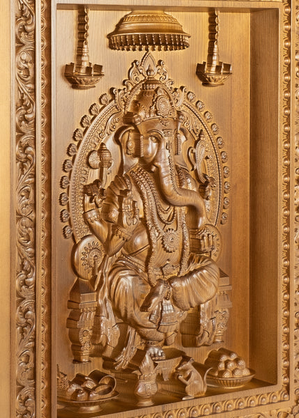 Lord Ganesha Wood Carving Ashwood Wall Panel 24" x 20"