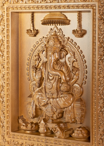 Lord Ganesha Wood Carving Ashwood Wall Panel 24" x 20"