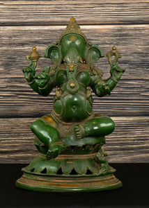 Bhagwan Ganesh seated on a Lotus (Antique Green)