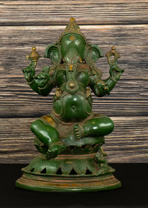 Bhagwan Ganesh seated on a Lotus (Antique Green)